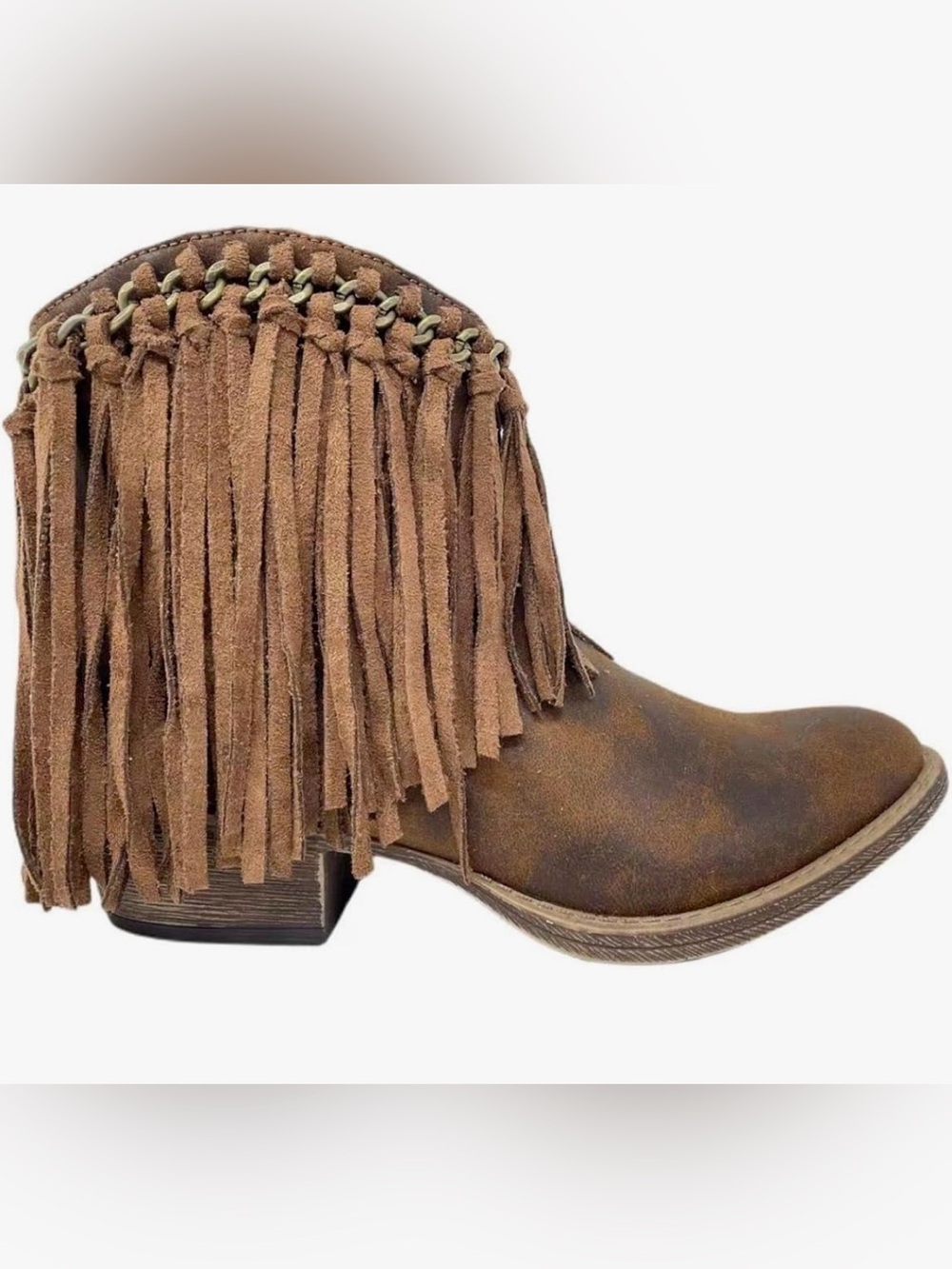 Very G Brown Fringe Ankle Booties with Braided Trim (NWOT)